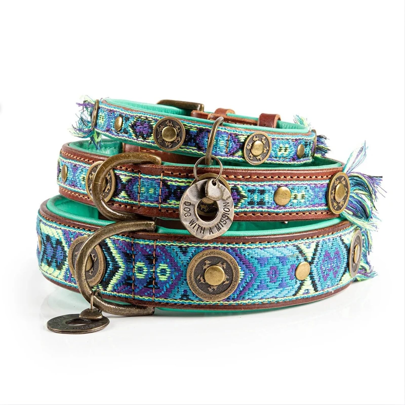 Dog with a Mission - Hundehalsband XL | Farbenfroh in Blau und Türkis | Boho, Ethno, Ibiza, Hippie | Für extra große Hunde | Handgemacht | Modisch und Bunt | Aus weichem Echtes Leder | 4 cm Breit