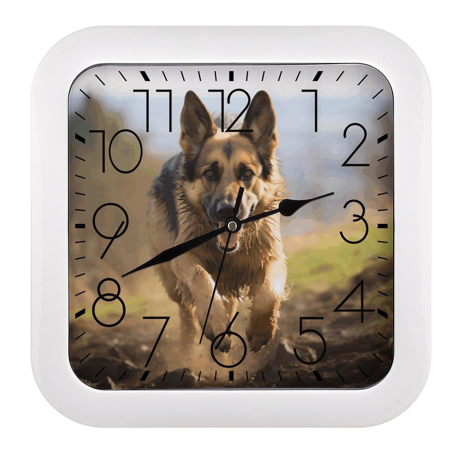 Horloge murale carrée berger allemand décorative et silencieuse pour la maison