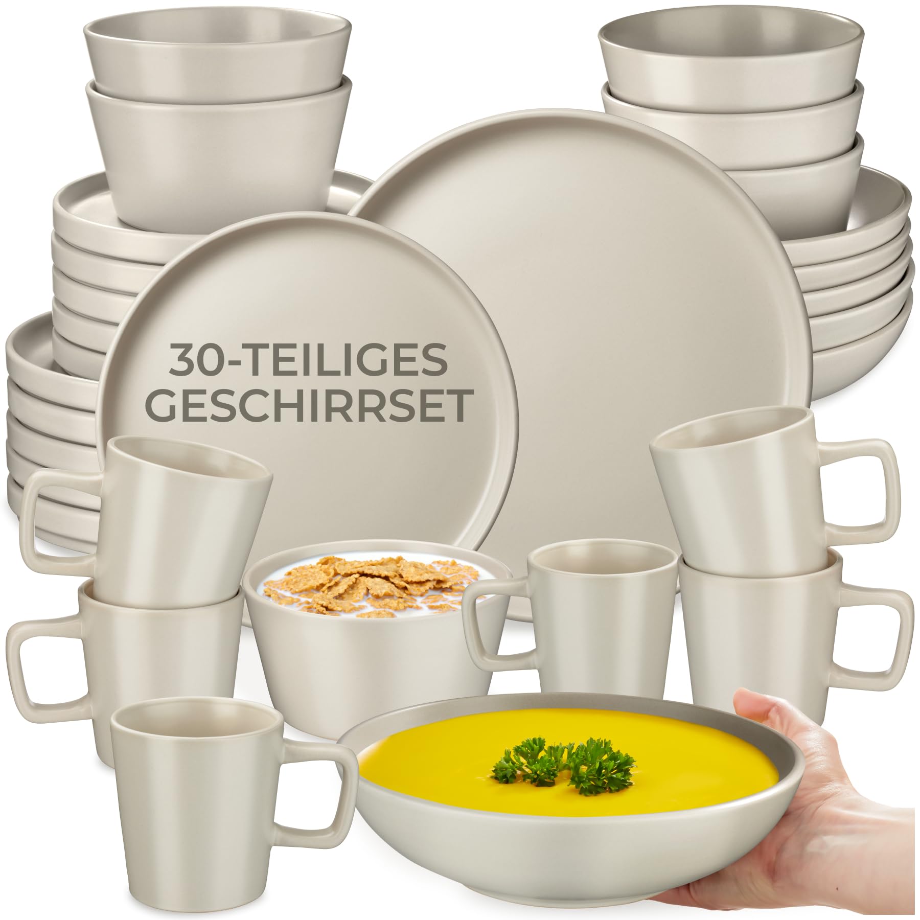 tectake® 30-tlg. Kombiservice, Geschirrset, Tafelservice 6 Personen, Steingut Geschirr Set, Teller Set mit Schalen, Kaffeetassen, Speiseteller, Frühstücksteller, tiefe Teller und Schüsseln - taupe
