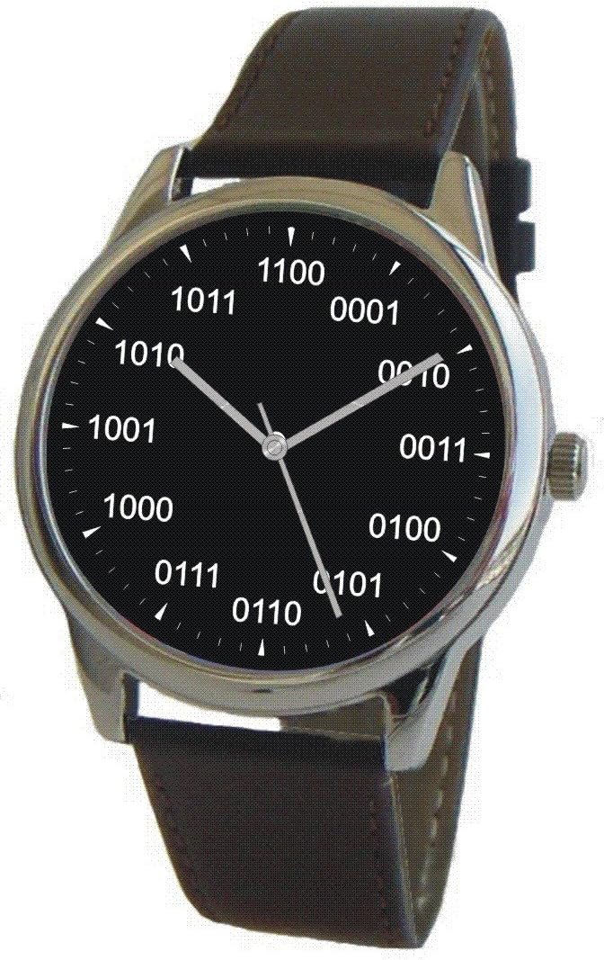 Math Dial Geek's Watch Shows Binary Hour Indicators on The Black Dial of The Large Polished Chrome Watch with Black Leather Strap