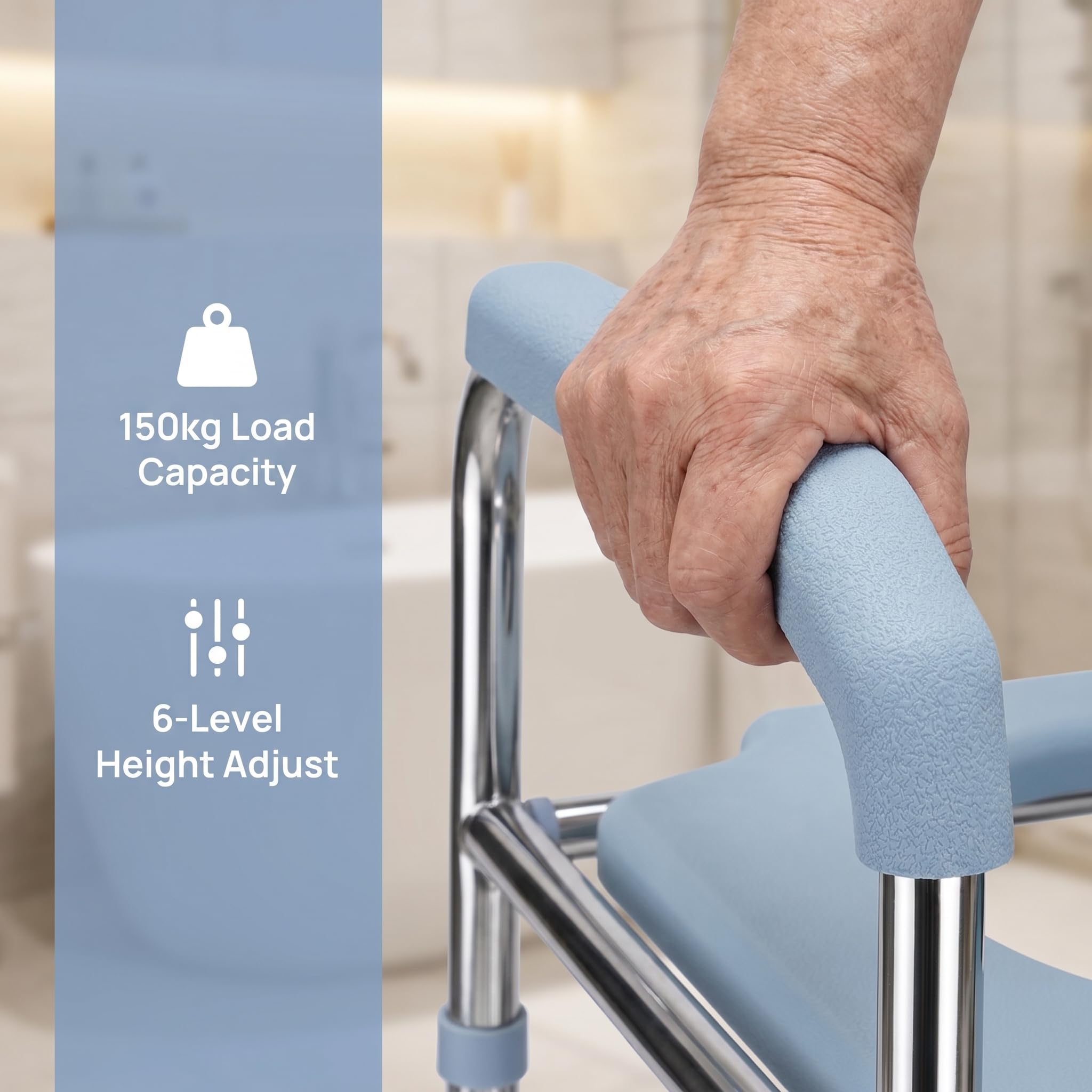 Rialzo WC con braccioli, altezza regolabile, acciaio inox 150kg per anziani | Struttura acciaio inox resistente, installazione senza foratura, supporto per alzarsi, per anziani e donne incinte