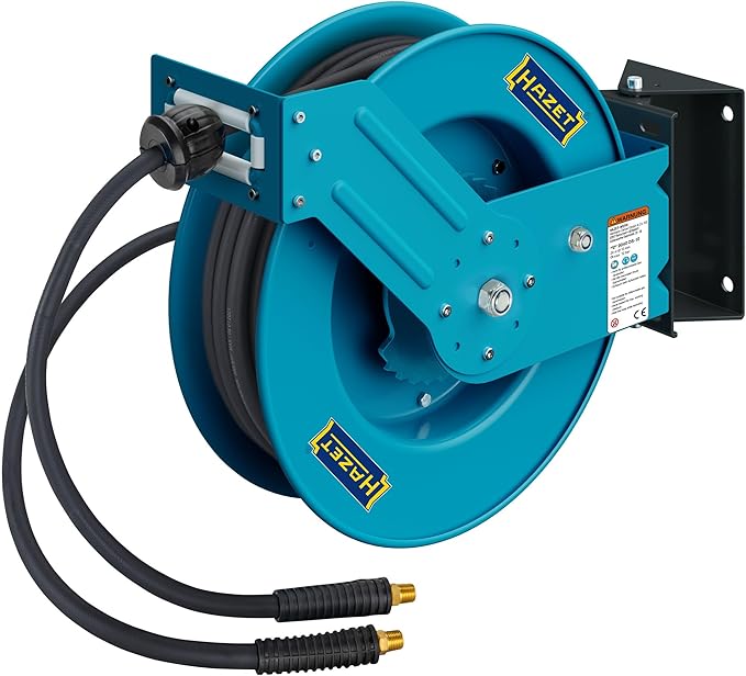 HAZET Open Hose Reel 9040OS-10, 20 Meters/65.62 Feet, 0.39 Inches/10mm, Max. 290 psi, Steel Construction, Automatic Return, Swivel Base, Incl. Mounting Options, Connection Length 6.56 Feet