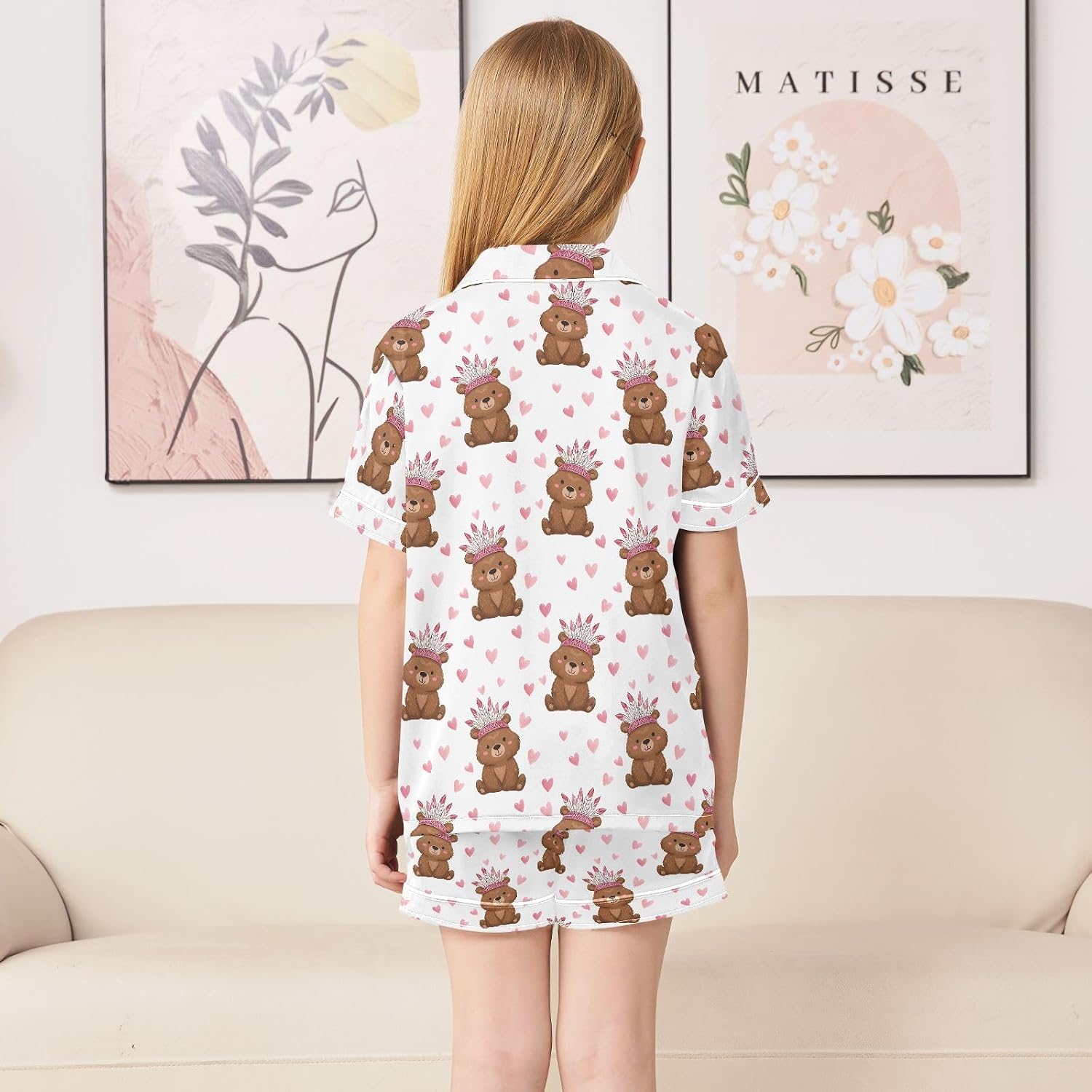 Kids Satin Wear Set Bear Feather Heart Pattern Relaxing Clothing Short Sleeve and Shorts