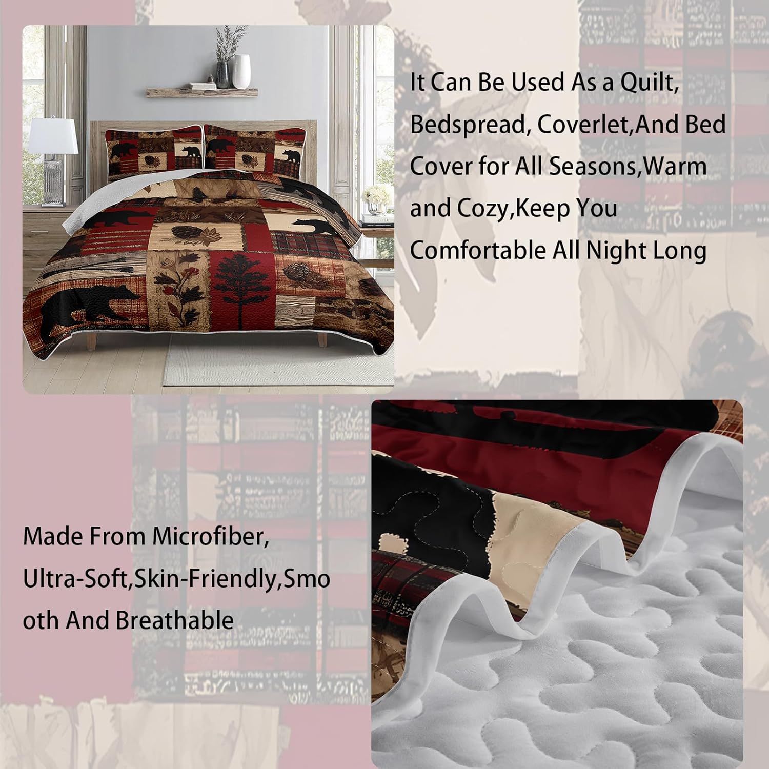 AILONEN Black Bear Bedding Quilt Set 3-Piece Brown Retro Rustic Bears Bedspread Coverlet Farmhouse Hunting Bed Cover Quilt with 2 Pillowcases Queen