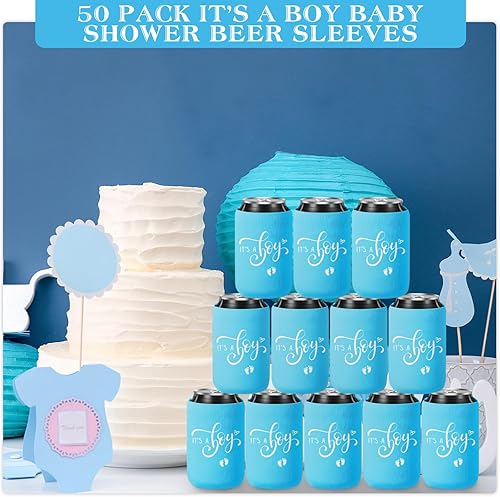 Miniatura 7 de Mifoci 50 piezas de decoración de baby shower, mangas de cerveza para revelación de género, fundas de cerveza para revelación de género, fundas para