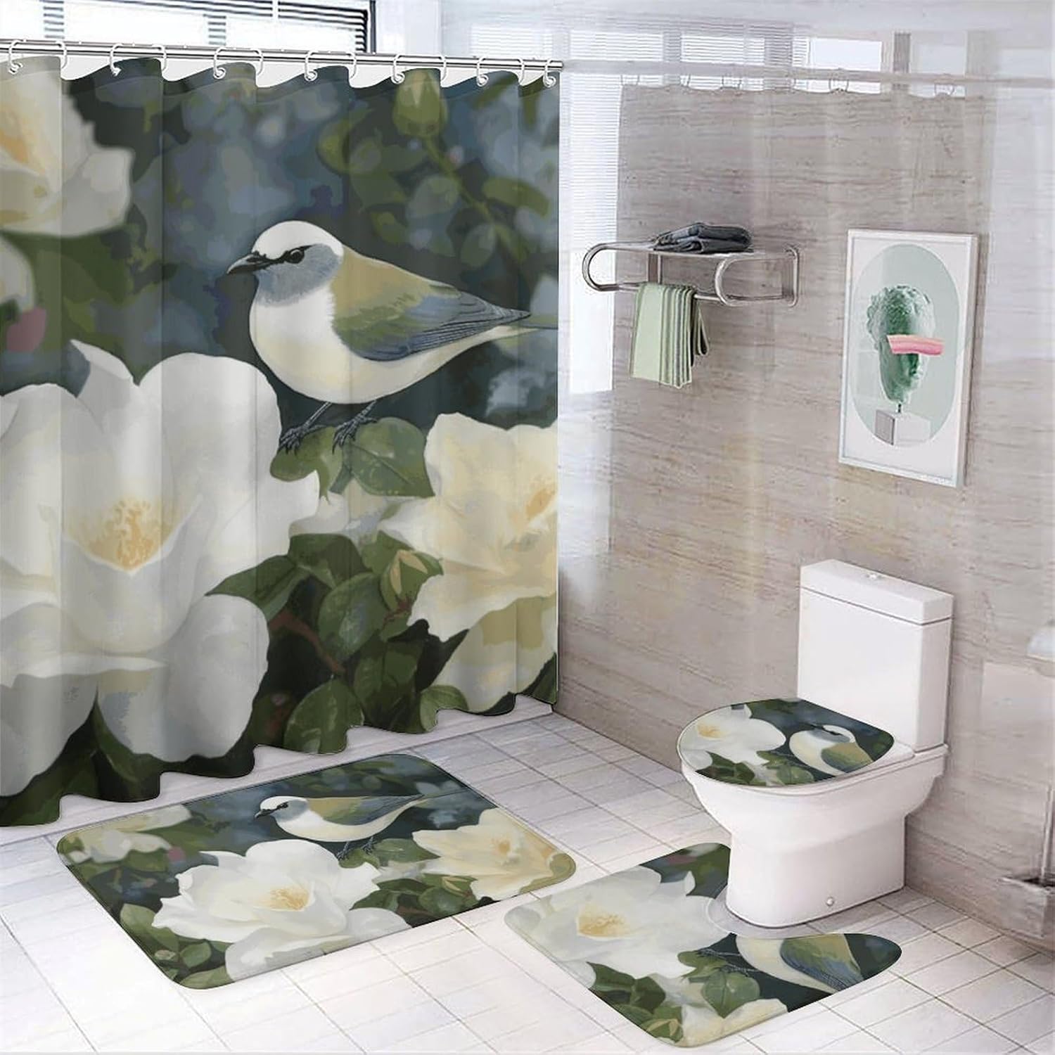 4 Piece Bathroom Rug Set with Shower Curtain, Non-Slip Bath Mat Toilet Cover Set, Gardenia Flowers Birds Bathroom Rug Sets