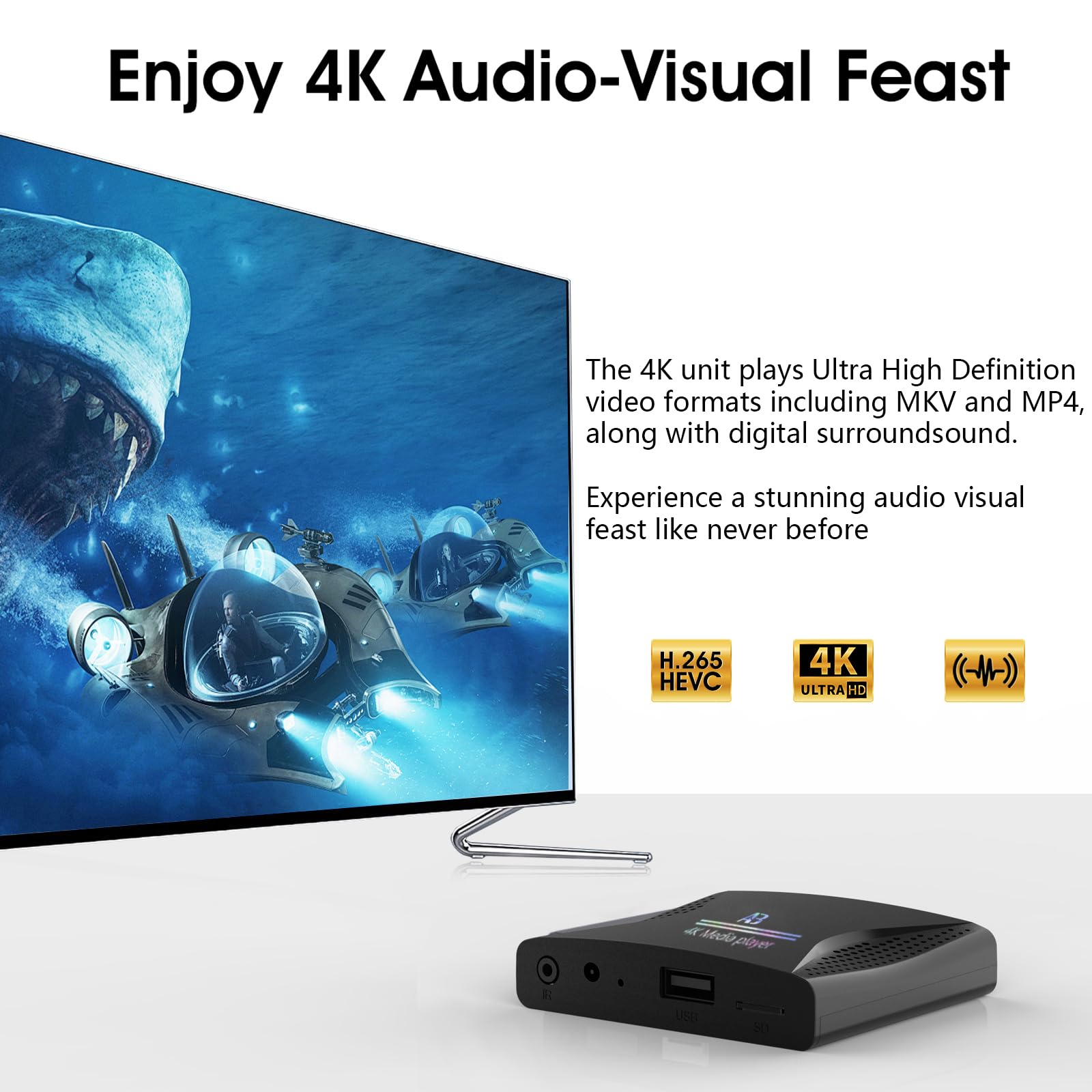 Lettore multimediale digitale 4K Ultra HD per unità USB e schede microSD, con HDMI e analogico AV, segnaletica digitale, con riproduzione automatica, ripresa e looping per video H.265, musica e foto