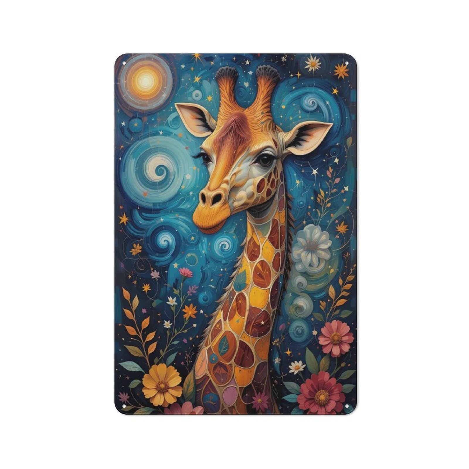 Junmoney Style-3 Workshop Style Whimsical Giraffe In A Starry Night Tin Sign 30X20cm, Workshop Wall Decor For Tool Room, Garage, Studio Or Home Bar