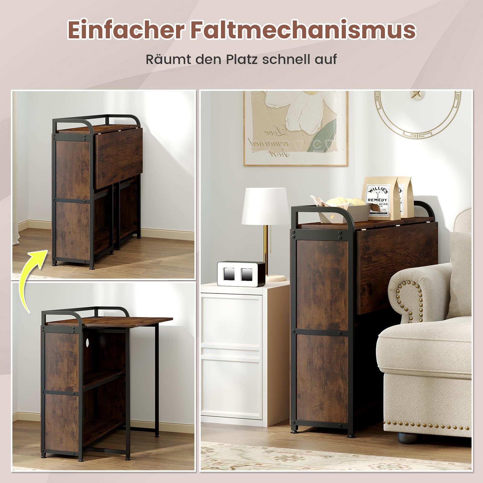 COSTWAY Schreibtisch klappbar mit Steckdose, Klapptisch mit Hocker, Computertisch mit Regalen & Metallrahmen, platzsparender Bürotisch, Klappschreibtisch für Zuhause, Büro, 90 x 55 x 83 cm (Braun)