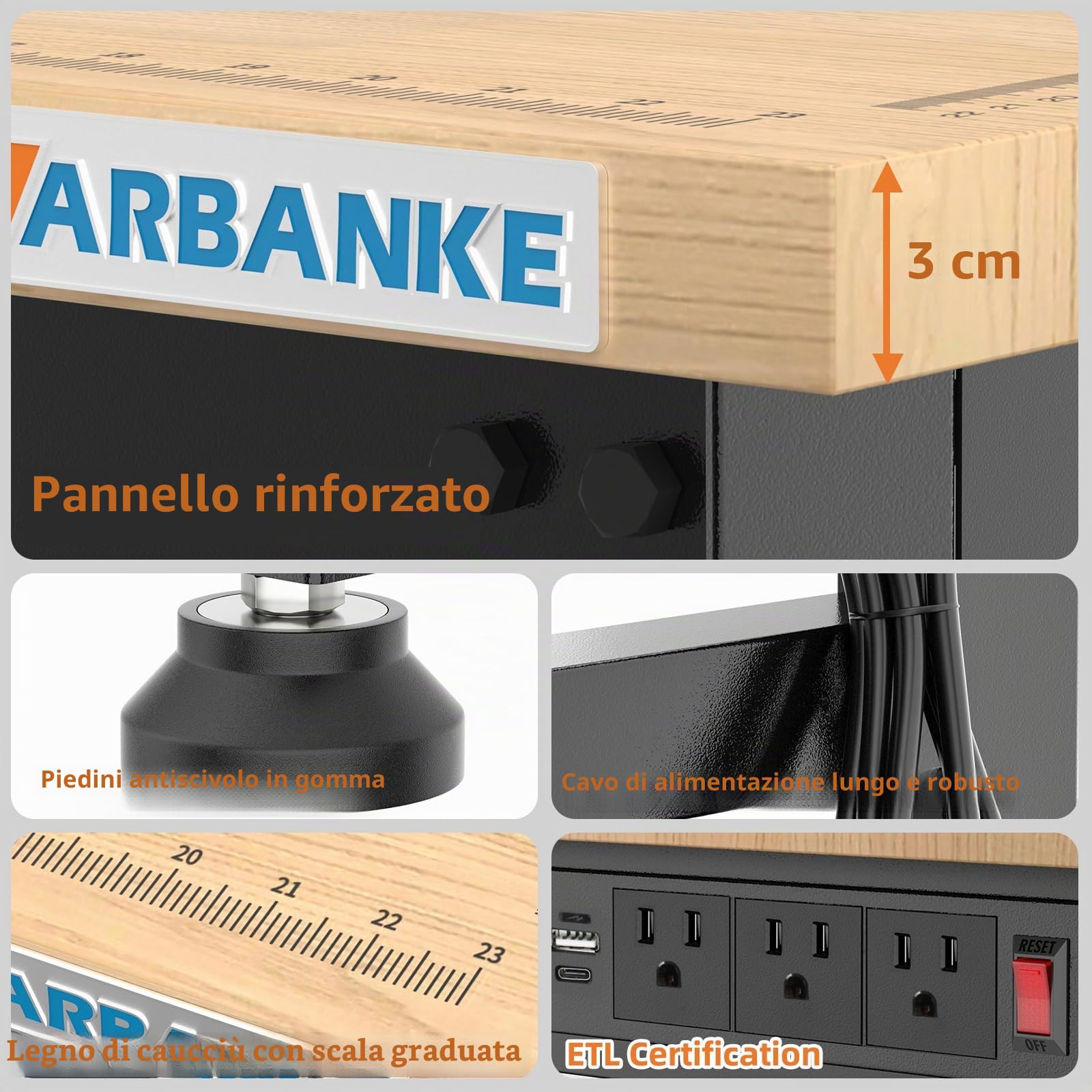 Banco da lavoro regolabile da 120 cm, capacità di peso fino a 900 kg, resistente tavolo da lavoro in legno di gomma, con 5 altezze regolabili, banco da lavoro con bilancia, pannello elettrico, adatto