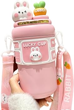 Kawaii Rabbit Stainless Steel Water Bottle with Straw 19oz Cute Bear Water Bottle with Adjustable Strap Leak-Proof for Sports Camping Travel Pink