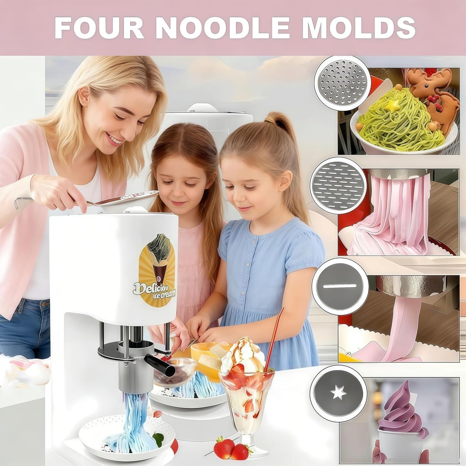 Machine de glace à spaghetti commerciale avec 4 moules de forme, fabricant de nouilles à crème glacée 80w, 28-30L / H Spaghetti-Eismaschine, pour les magasins de dessert & Utilisation à domicile