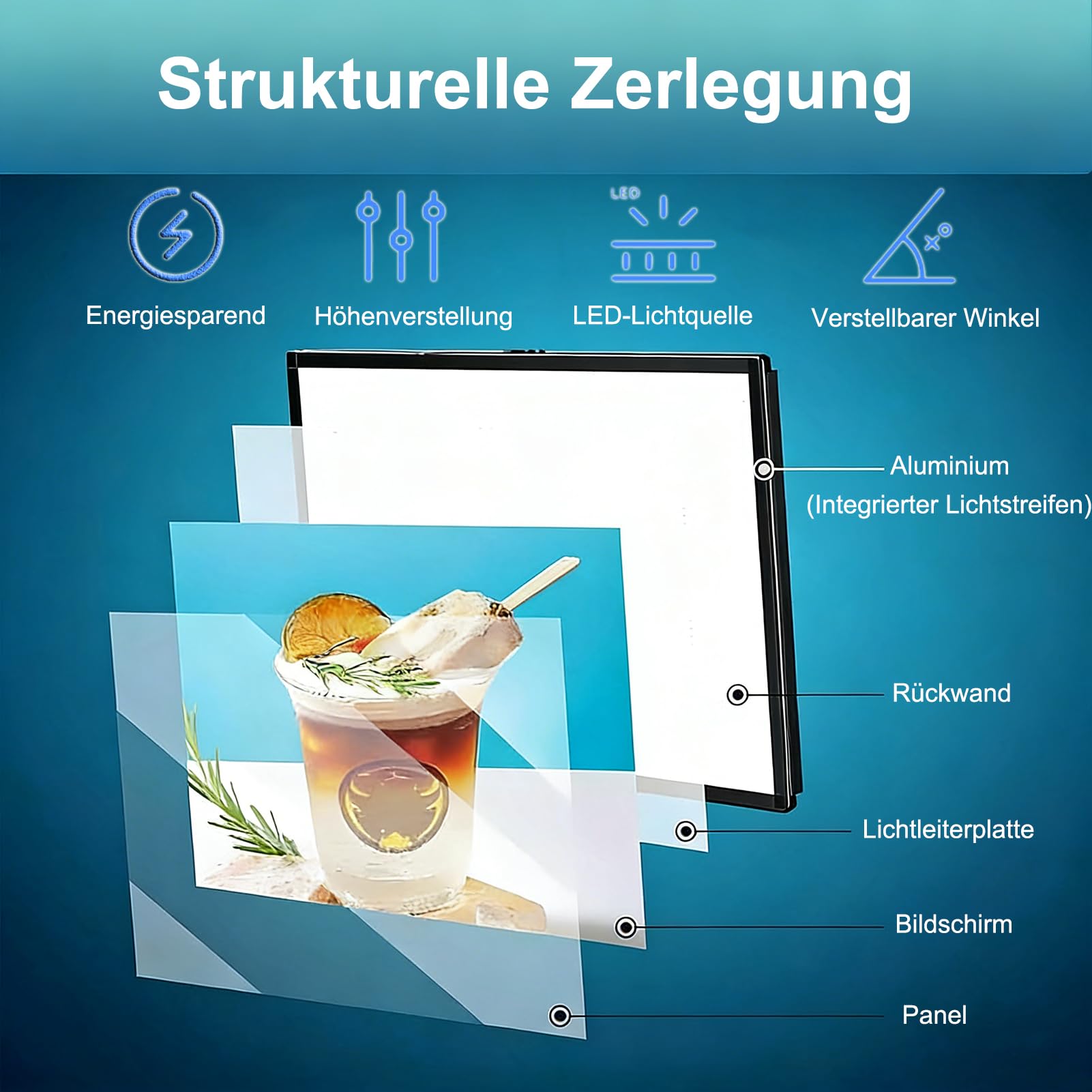 HJZALMI LED Menü Leuchtkasten Mit Teleskopstange, 40x60cm | Led Beleuchteter Plakatrahmen, hinterleuchtete Menütafel, beleuchtetes Vielseitiges Werbedisplay Für Cafés, Getränkeläden