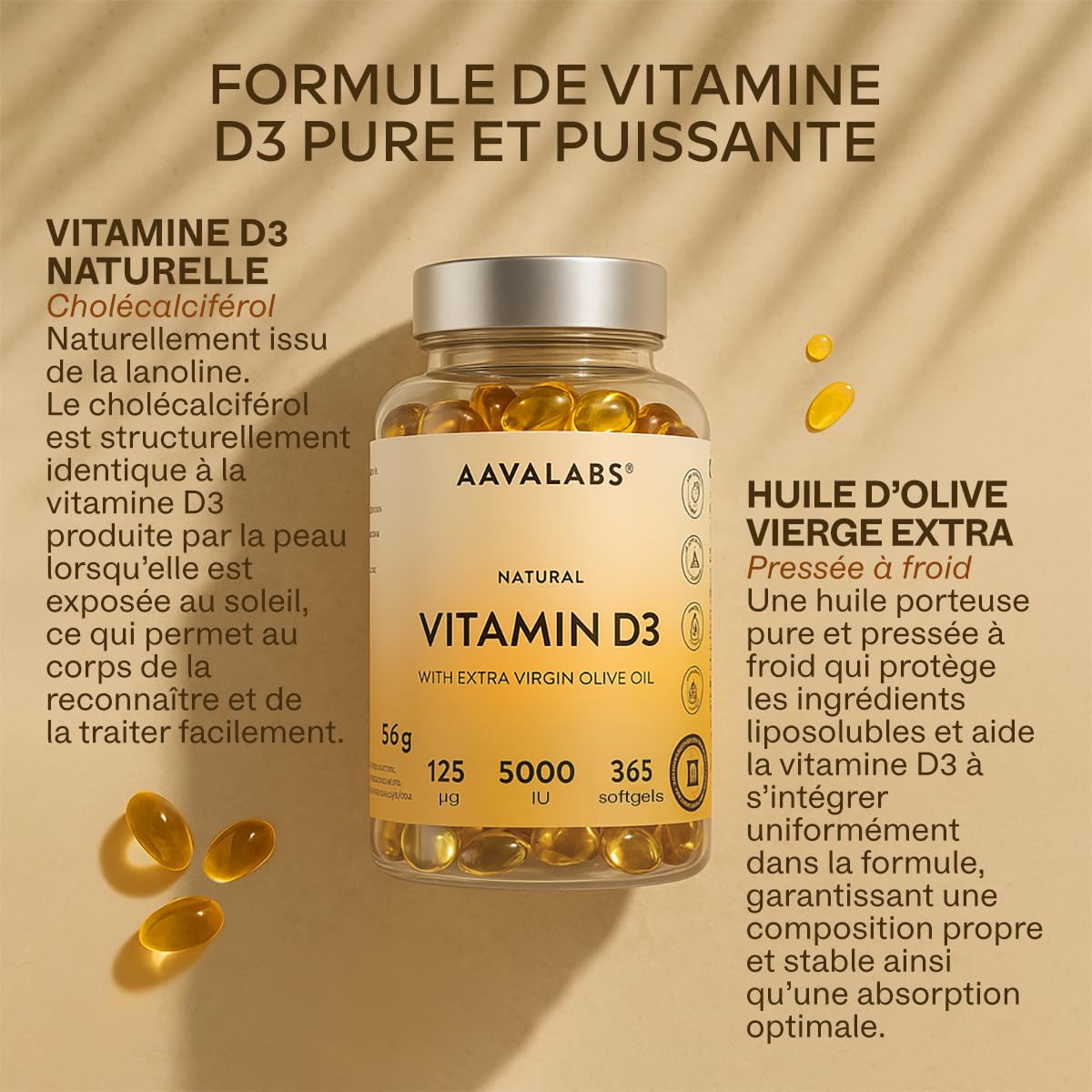 Vitamine D3 Naturelle Haute Concentration 5000 UI - Vitamine D avec Huile d’Olive Extra Vierge pour Absorption Optimale - Vitamines pour les Fonctions Osseuse, Musculaire, Immunitaire - 365 Gélules