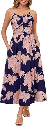 Annebouti Women 2026 Summer Spring Ruched Maxi Dress Adjustable Spaghetti Strap Floral Beach Long Sundress with Pockets