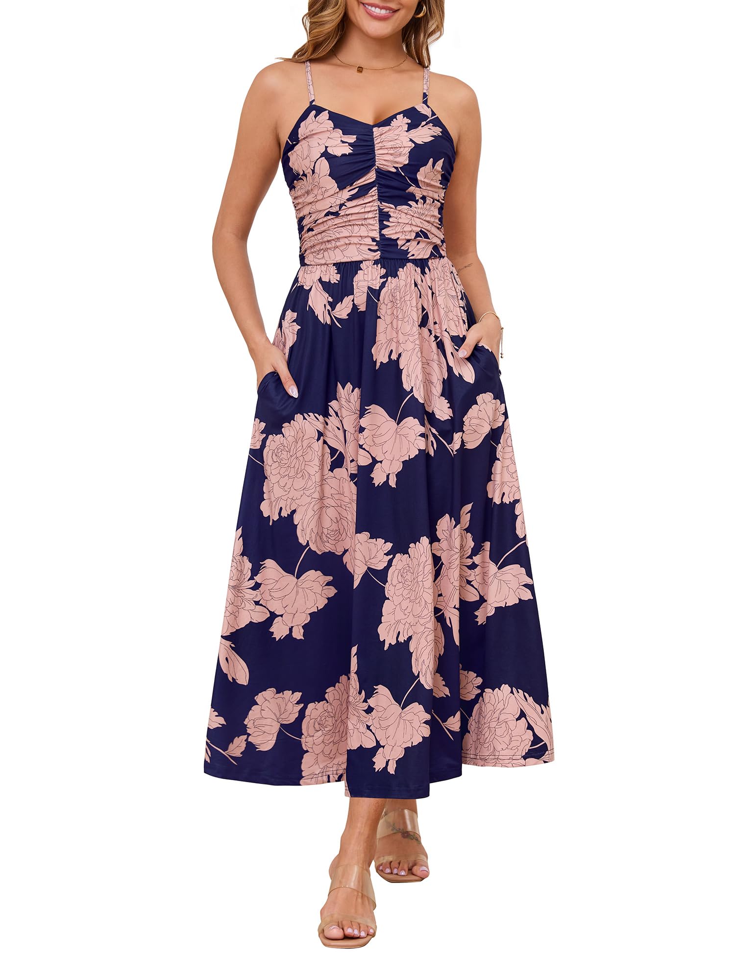 Women's Summer Adjustable Spaghetti Strap Ruched Maxi Sun Dress