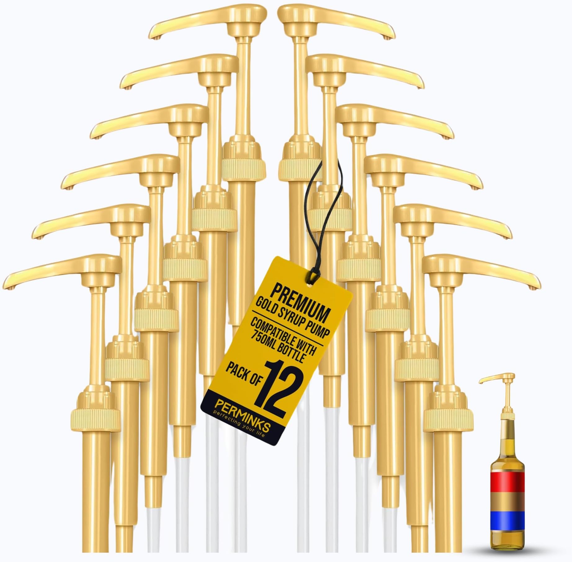 Premium Syrup Pump Compatible with Torani 750 ml Bottle, Davinci Syrups - No Spill, No Clog Syrup Pump Dispenser for Vanilla, Snow Cone, Blueberry, Coffee Flavoring & More (Pack of 12, Gold)