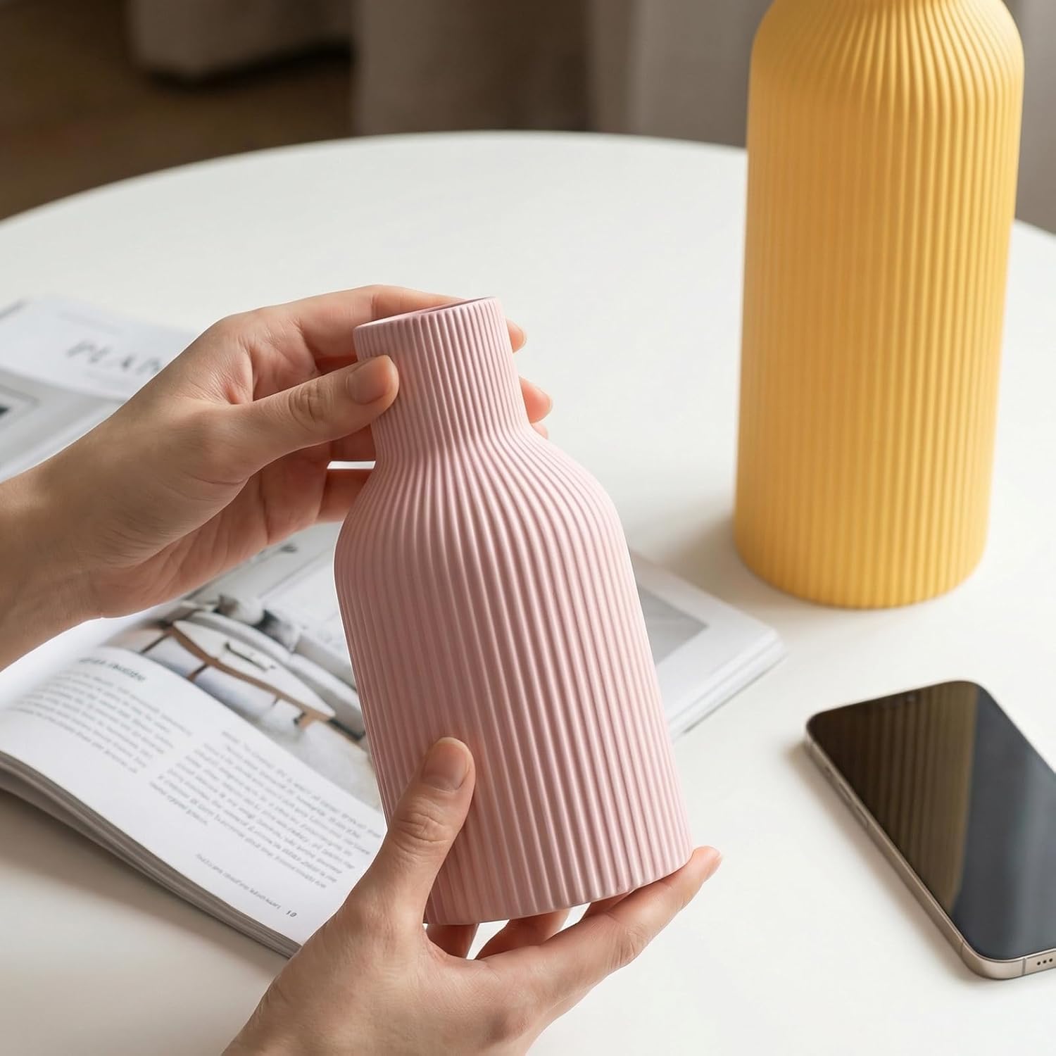 Colorful Ceramic Vases Set of 3 (Pink, Blue, Yellow) - Modern Matte Ribbed Color-Block Vases for Dried Flowers - Scandi Boho Decor Centerpieces for Living Room & Shelf (Not Water)