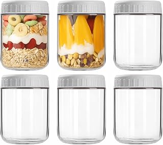 COYACOOL Overnight Oats Containers with Lids, 16oz Wide Mouth Mason Jars with Lids, 6 Pack Glass Jars with Airtight lid for Chia Pudding Yogurt Salad, Meal Prer Oatmeal Jars, Gray
