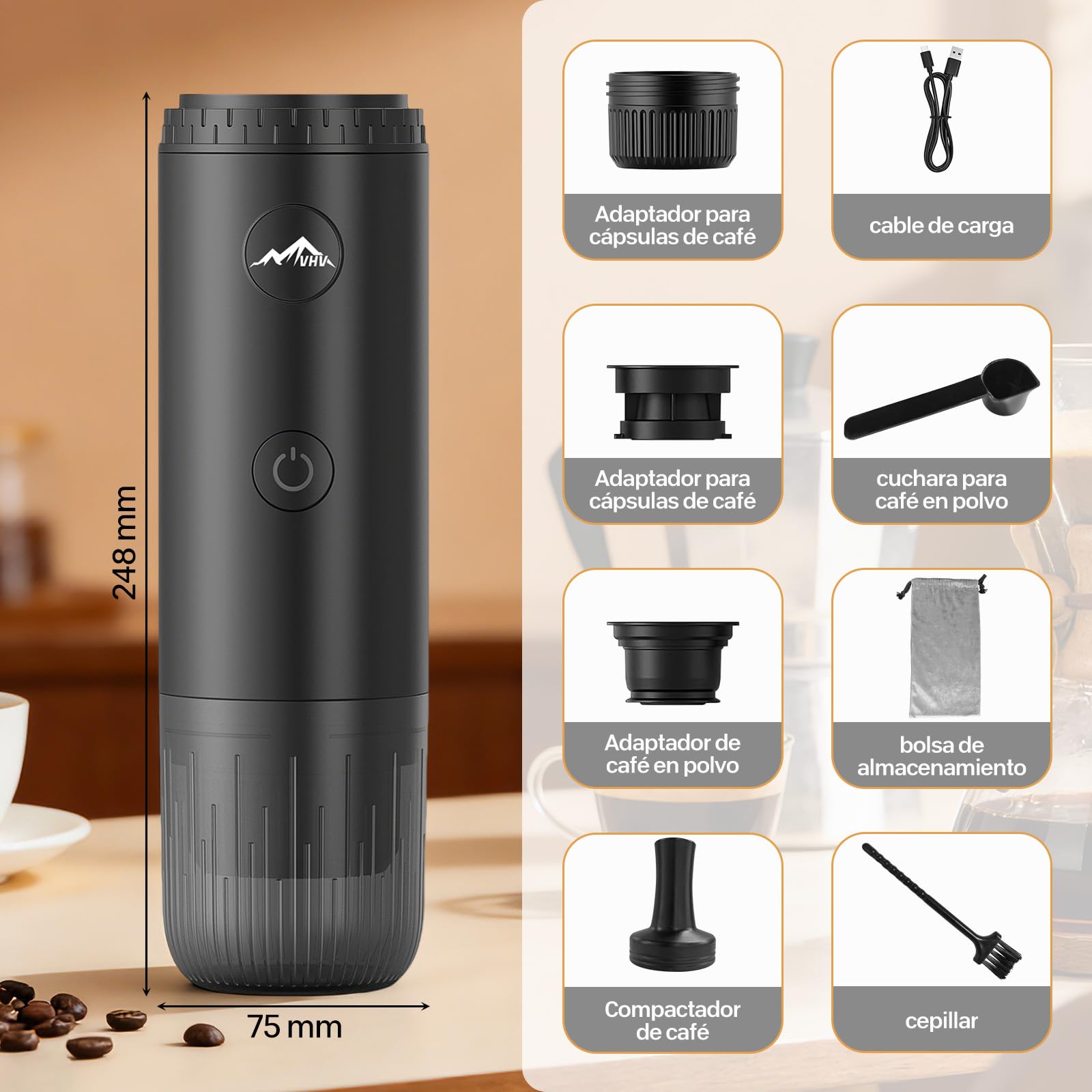 VHV Cafetera Portátil, Cafetería Portátil 3 en 1 Compatible con Cápsulas Espresso y Café en Polvo, Recargable para Viaje, Camping, Coche, Casa (Rojo)