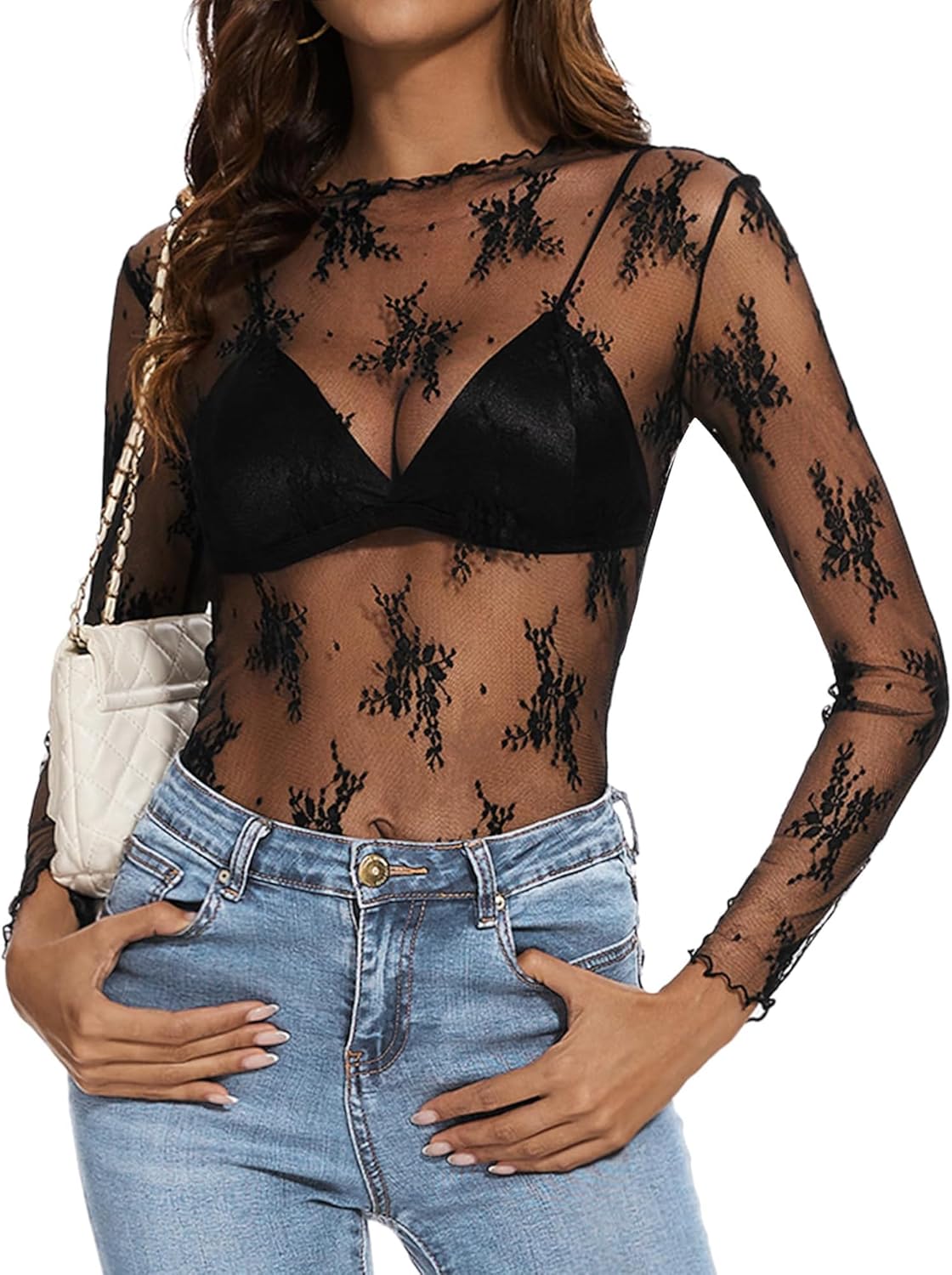 Womens Lace Mesh Long Sleeve Top Floral Sheer See Through Sexy Tops Mock Neck Shirts Party Club Night Blouses