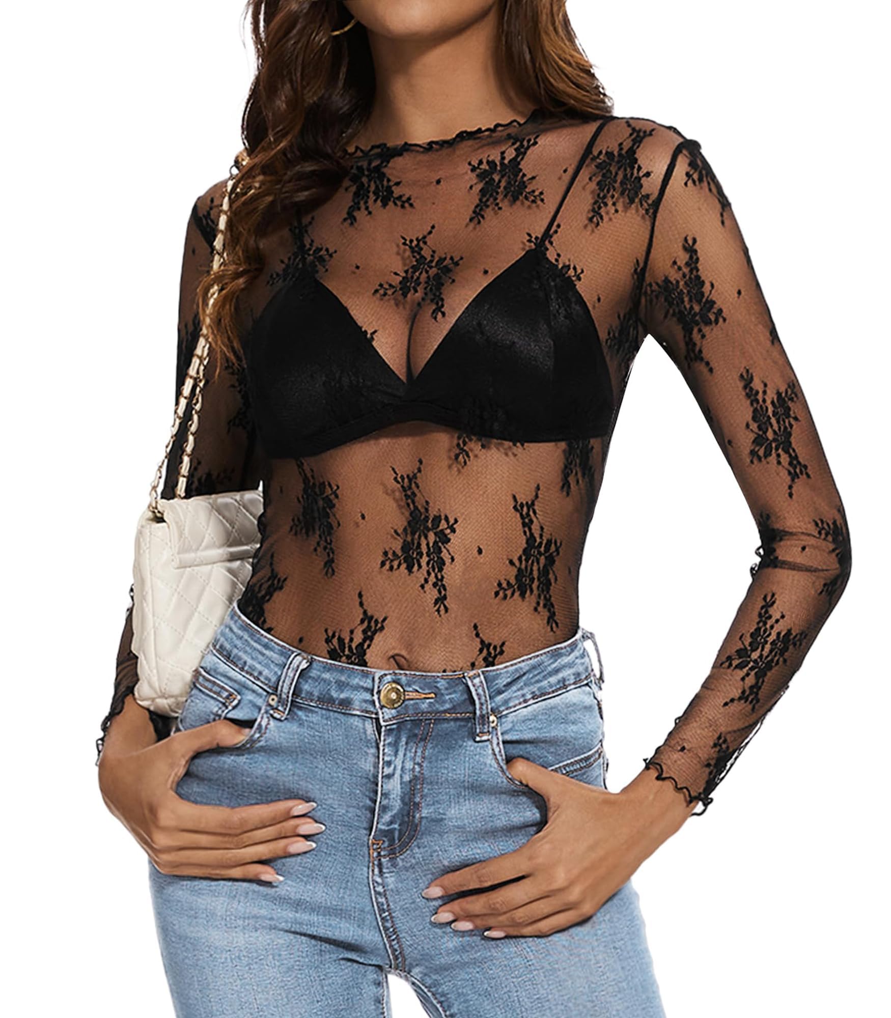Womens Lace Mesh Long Sleeve Top Floral Sheer See Through Sexy Tops Mock Neck Shirts Party Club Night Blouses, Black, M