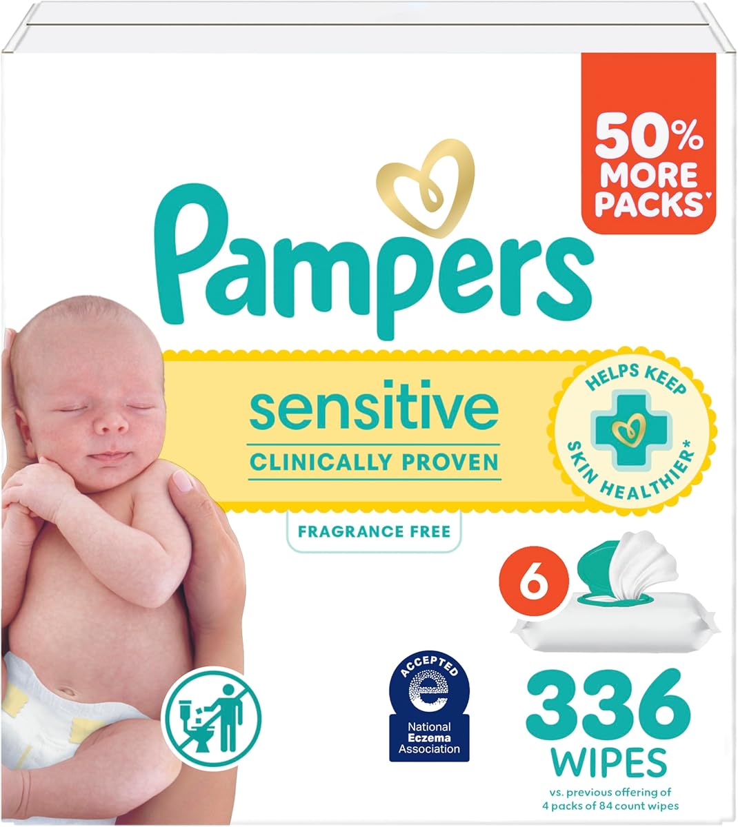 Toallitas para bebés sensibles Pampers, clínicamente probadas, sin fragancia, sin perfume, a base de agua, hipoalergénicas, multiusos, toallitas para manos 336 toallitas en total (6 paquetes con tapa abatible) [el embalaje puede variar]