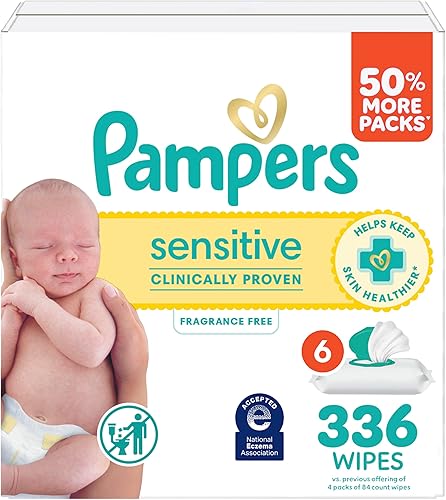 Pampers Sensitive Baby Wipes, Clinically Proven, Fragrance Free, Unscented, Water Based, Hypoallergenic, Multi-Use, Hand Wipes 336 Wipes Total (6X Flip-Top Packs) [Packaging May Vary]