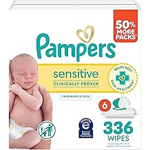 Pampers Sensitive Baby Wipes, Water Based, Clinically Proven, Hypoallergenic, and Unscented for Babies, 336 Wipes Total (6 Flip-Top Packs) [Packaging May Vary]