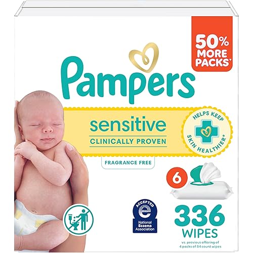 Pampers Baby Wipes, Sensitive, Water Based Wipe, Clinically Proven, Hypoallergenic, and Unscented for Babies, 336 Wipes Total (6 Flip-Top Packs) [Packaging May Vary]