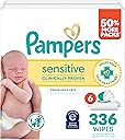 Pampers Sensitive Baby Wipes, Clinically Proven, Fragrance Free, Unscented, Water Based, Hypoallergenic, Multi-Use, Hand Wipes 336 Wipes Total (6X Flip-Top Packs) [Packaging May Vary]
