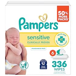 Pampers Sensitive Baby Wipes, Clinically Proven, Fragrance Free, Unscented, Water Based, Hypoallergenic, Multi-Use, Hand Wipes 336 Wipes Total (6X Flip-Top Packs) [Packaging May Vary]