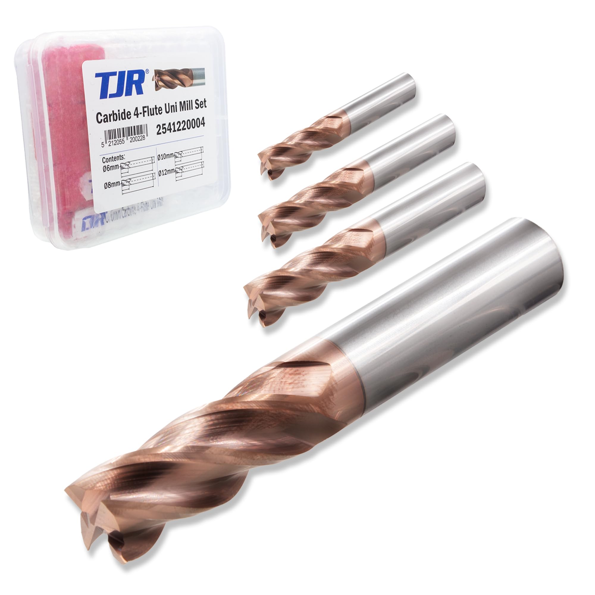 TJR Metall Duro 4-Tagli Uni Mill Set (6/8/10/12mm) – Frese in metallo duro a micrograno con rivestimento TiAlN per acciaio, acciaio inossidabile, ghisa – Fresatura CNC, taglio di precisione