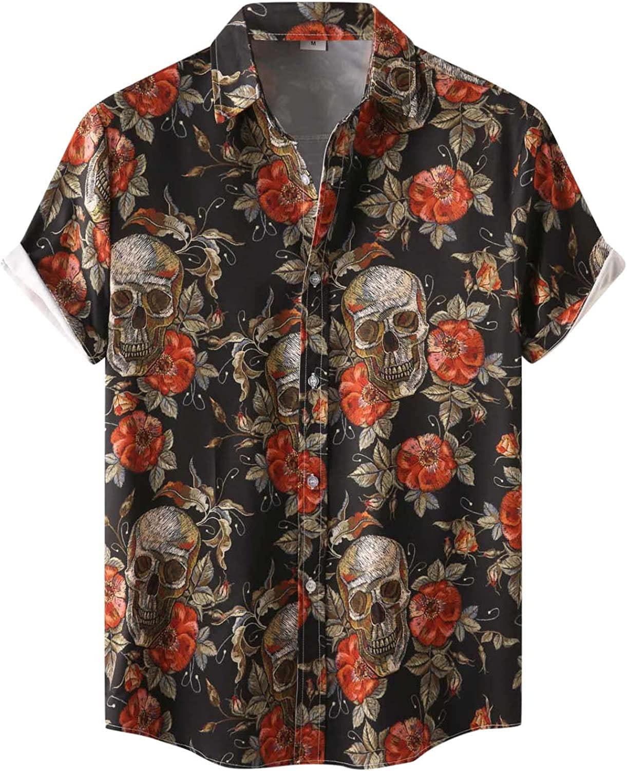 BIRWHalloween Shirt Men Fun Pumpkins Skull Short Sleeve Button Down Hawaiian Holiday Shirts, Skull and Roses2, M