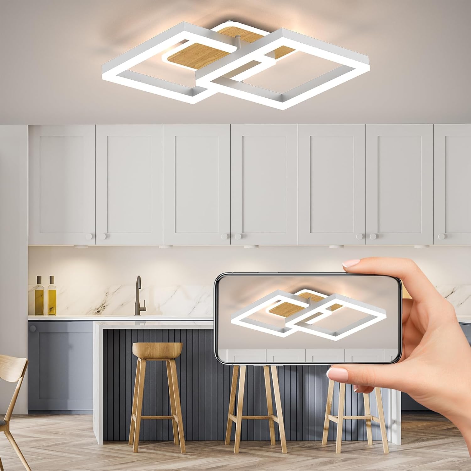 Anten plafoniera led soffitto moderna plafoniera salotto Dimmerabile, 40W 3600LM Lampada da Soffitto, Funzione di Memoria, per Soggiorno, Camera da Letto, Sala da Pranzo, Legno-Bianco 65x42x12cm