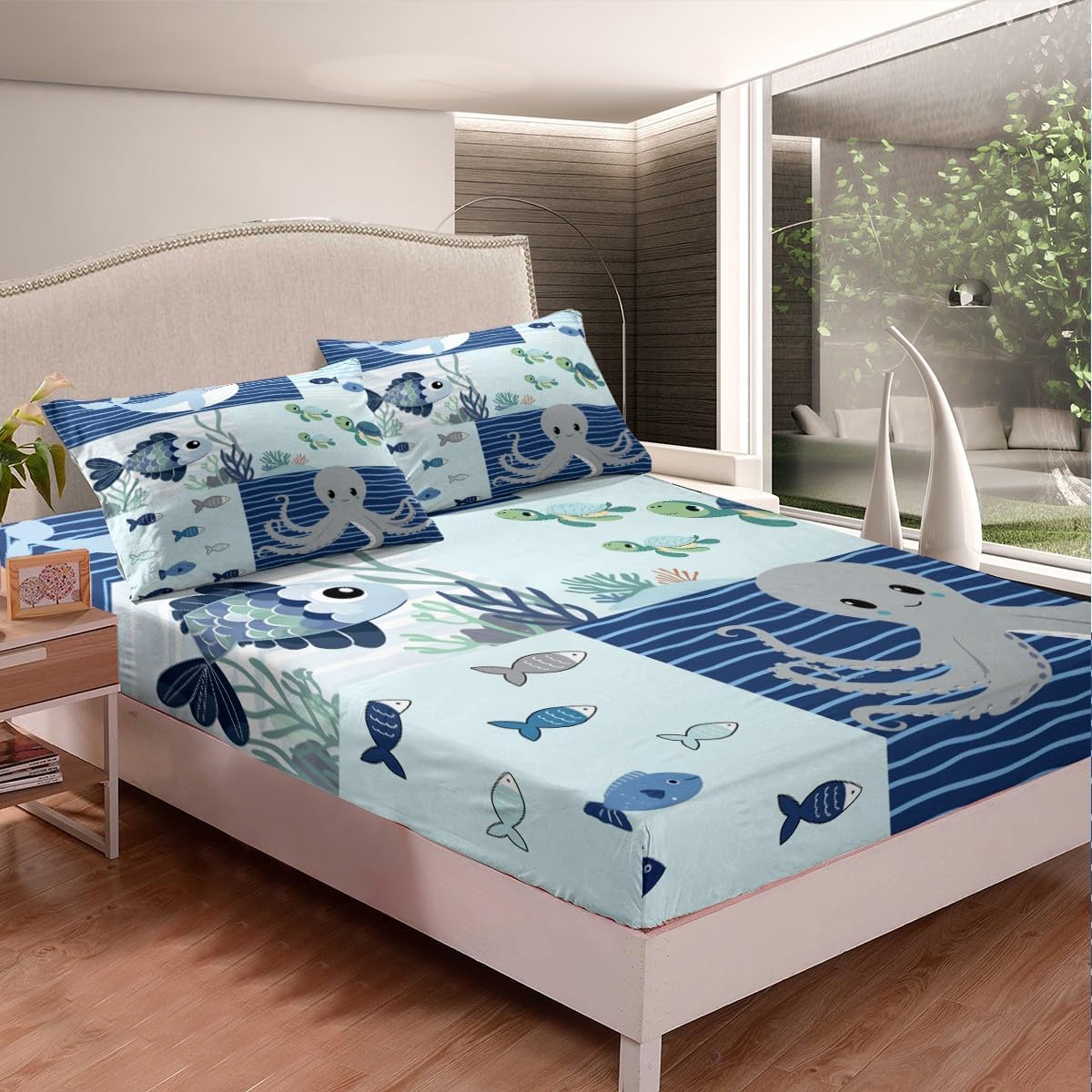 Cute Octopus Bedding Set Twin Size Navy and Blue Bed Set for Girls Teens Bedroom Decor Kids Underwater World Fitted Sheet Soft Microfiber Whale and Turtle Bed Cover(1 Fitted Sheet+1 Pillow Case)