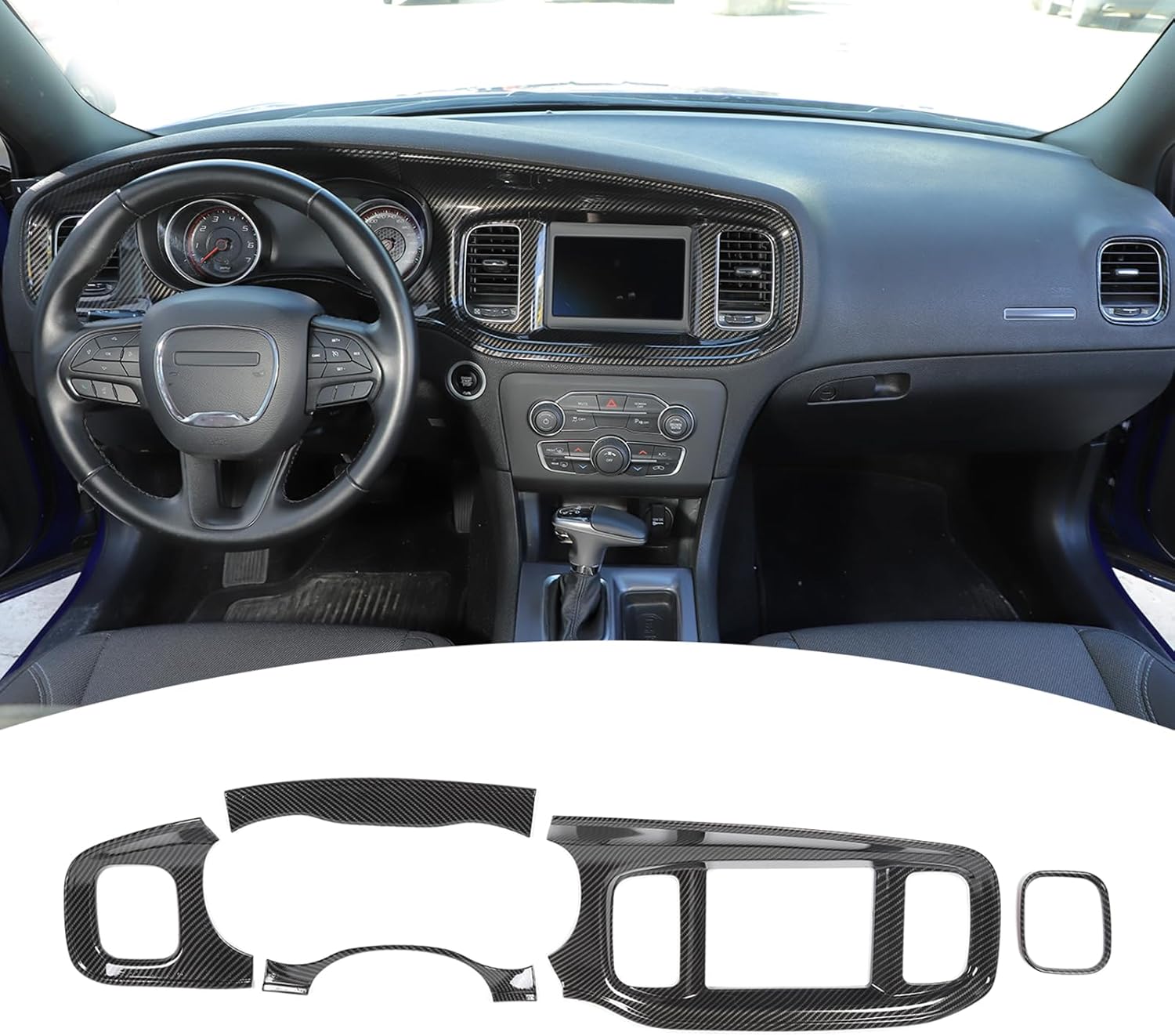 for Charger Carbon Fiber Center Console Dashboard Panel Trim Cover for 2015-2023 Dodge Charger 8.4" Display Carbon Fiber Interior Accessories 5pcs black