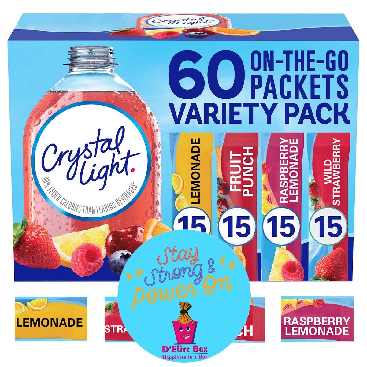 Crystal Light Sugar-Free, Lemonade, Fruit Punch, Raspberry Lemonade and Wild Strawberry On-The-Go Powdered Drink Singles Mix Variety Pack, 60 Count, Each Packet Dissolves into any 16.9 oz. container and comes with a Bonus Inspirational Magnet by D'Elite Box : Grocery & Gourmet Food