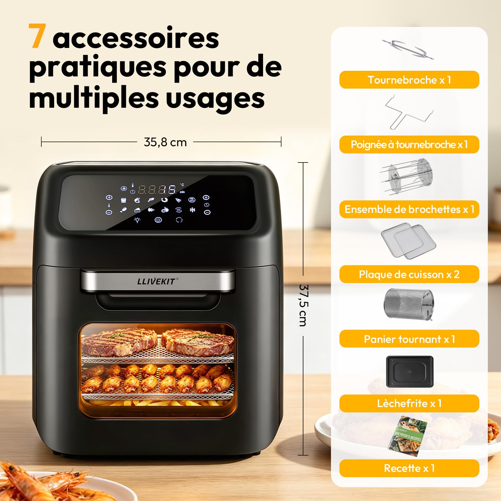 LLIVEKIT Friteuse à Air Chaud 12L, Four à Air Chaud avec 12 Fonctions, Mini Four, 1800 W, avec Écran LED Numérique, Déshydratateur de Fruits, Barbecue, Livret de Recettes et 7 Sortes d'Accessoires