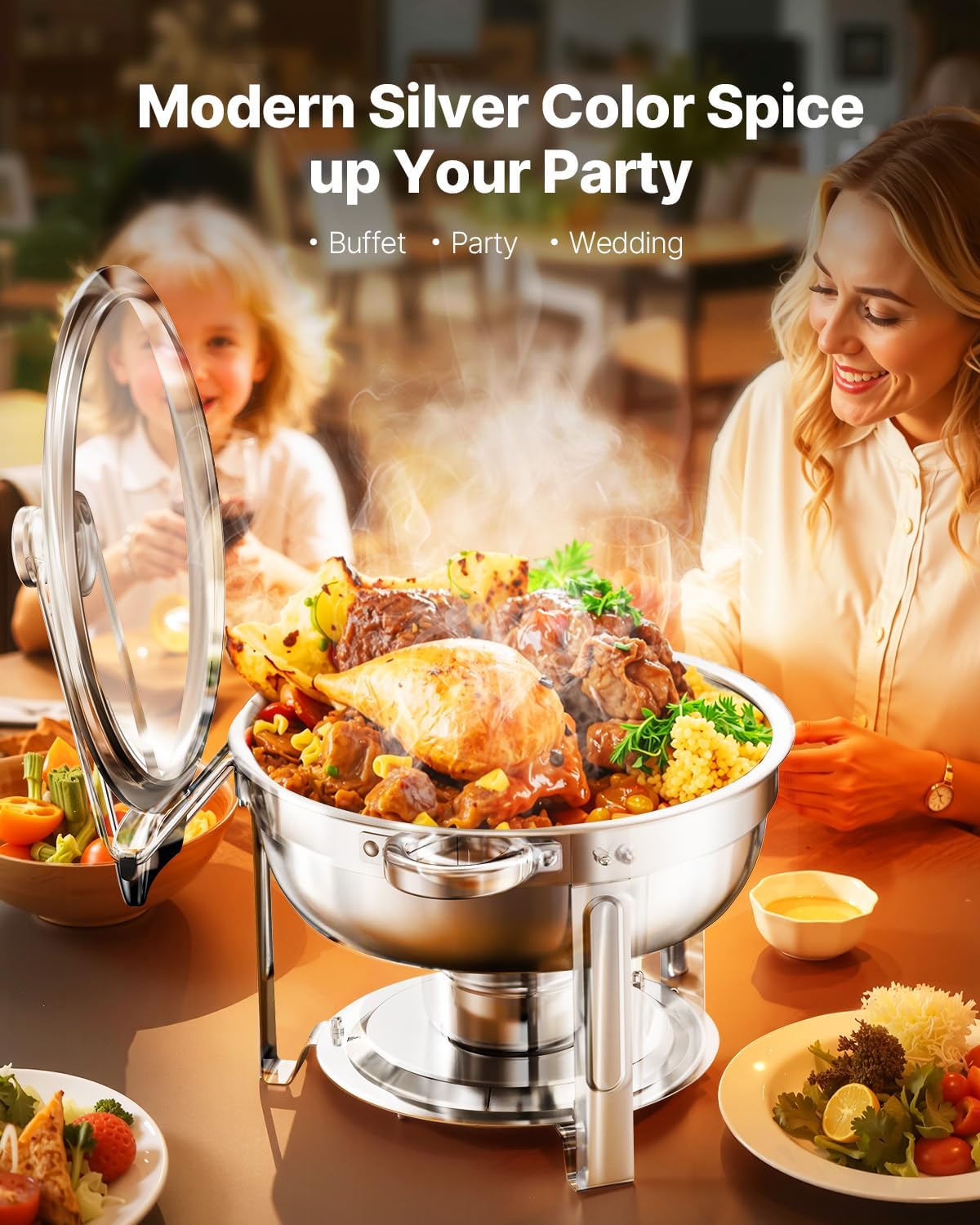 VEVOR Chafing Dish Buffet Set, 5 Qt 4 Pack, Stainless Steel Chafer with 4 Full Size Pan, Round Catering Warmer Server with Glass Lid Water Pan Folding Stand Fuel Holder, for Wedding Party Banquet