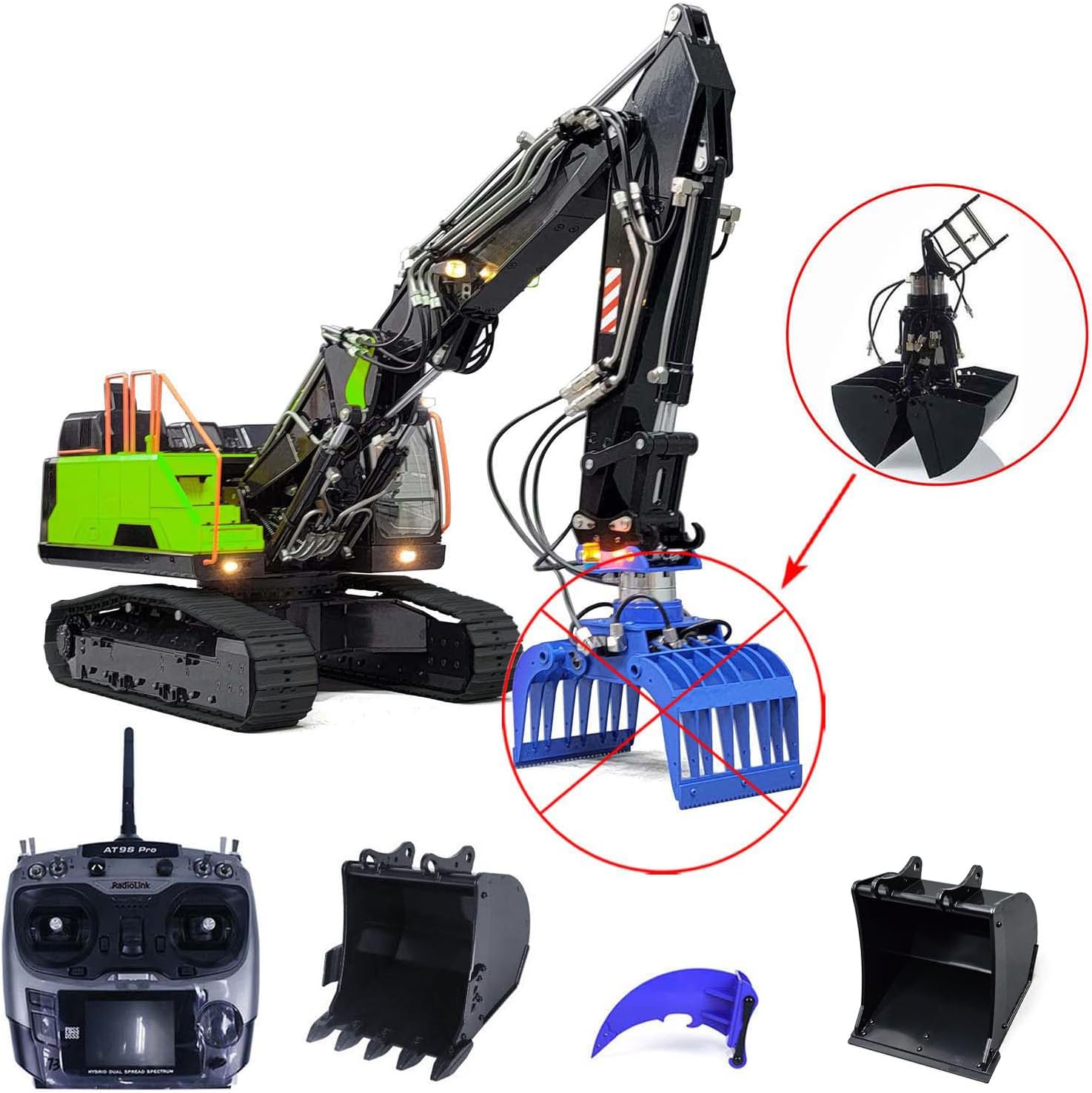 MTM 1/14 RC Hydraulic Tracked Excavator for EC380 Metal 3 Arms RC Electric Diggers Model Clamshell Bucket Ripper AT9S Controller(Green)