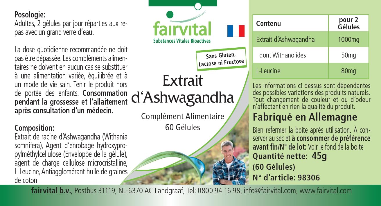 fairvital Gélules d'Ashwagandha, 180 gélules (60 x 3), HAUTEMENT DOSÉES, 1000mg d'extrait d'Ashwagandha 12:1 par dose journalière, 5% de withanolides, VÉGÉTALIENNES, Withania Somnifera