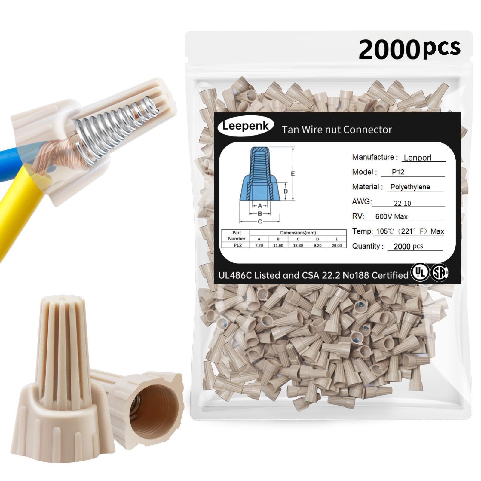 Leepenk Tan Wire Nuts Connectors P12 22-10AWG Twist Wire Caps Electrical Wire Connectors, Winged Springs Screw Terminals Wire Nuts Assortment Kit for