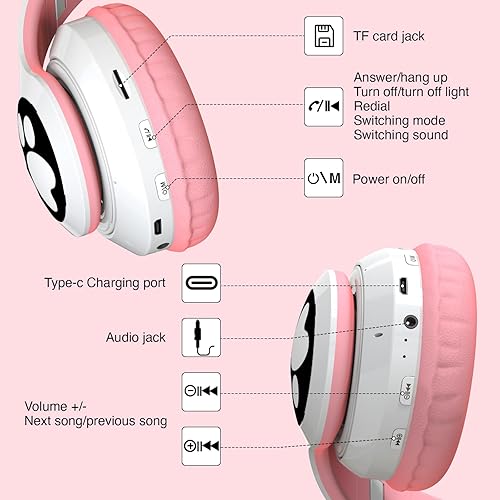 Miniatura 5 de Auriculares Bluetooth para niños, lindo oído de gato con luz LED, auriculares plegables estéreo sobre la oreja con micrófonotarjeta TF auriculares