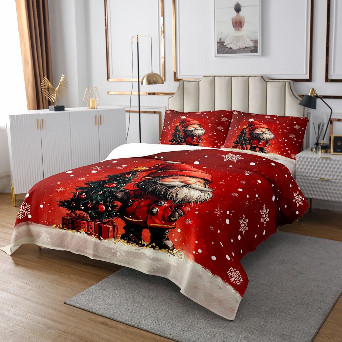 Juego de colcha roja de Navidad, diseño de gnomo kawaii, decoración de Navidad, tamaño King, bonito juego de colcha de árbol de Navidad, divertido juego de ropa de cama de 3 piezas