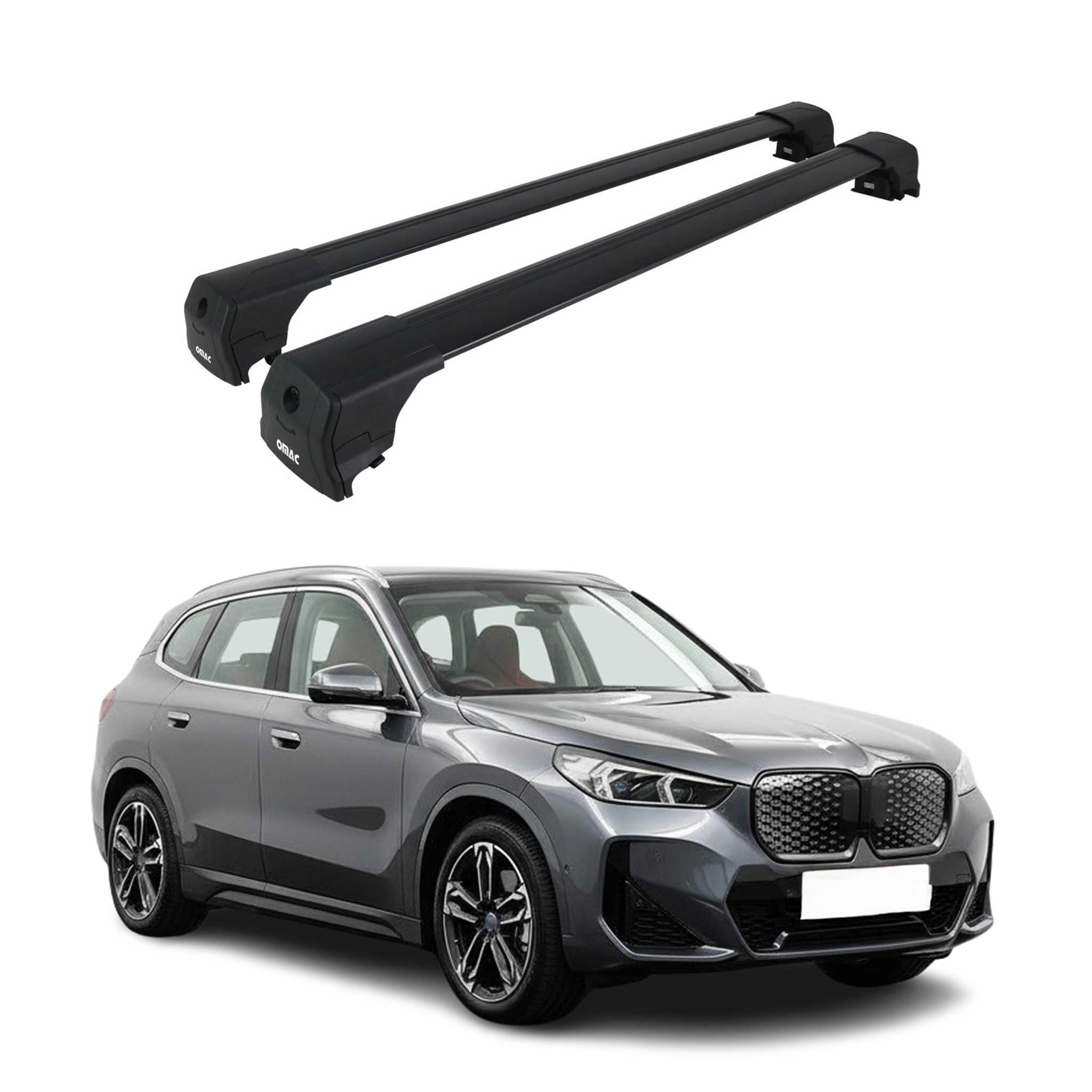 OMAC Aluminiowe poprzeczki dachowe do BMW iX1 U11 2022-2026 – City Crash – ISO/PAS 11154:2006 – Zamykane – Maks 75 kg – 2 belki Czarny