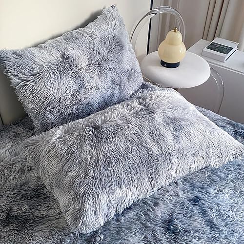 Miniatura 5 de chovy Juego de sábanas de 4 piezas de pelo sintético teñido anudado negro y blanco con bolsillos profundos, juego de sábanas mullidas de franela de