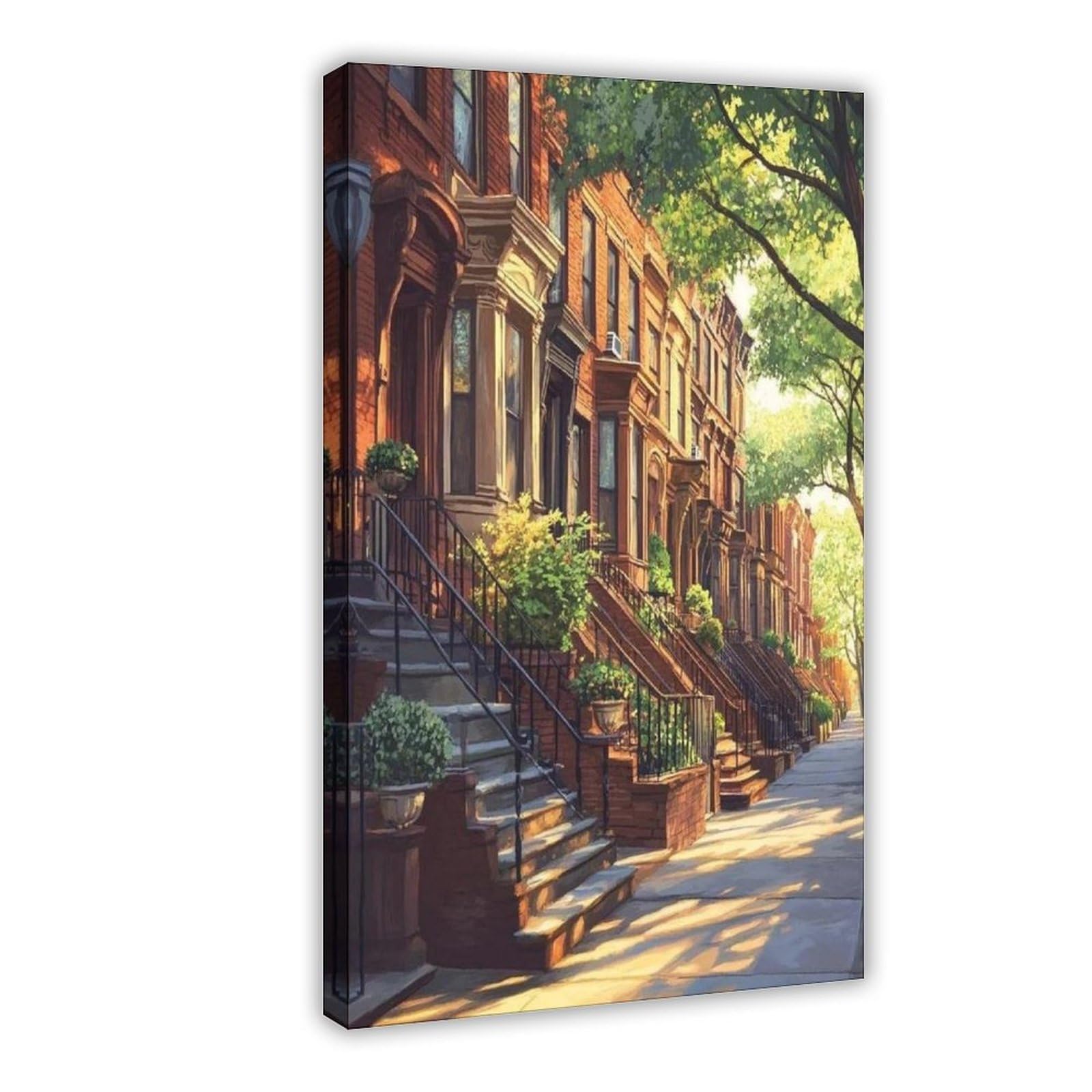 Qotopgpg Brooklyn Brownstone Row Houses Canvas Poster Bedroom Decor Landscape Office Room Decor Gift 16X24inch(40X60cm)