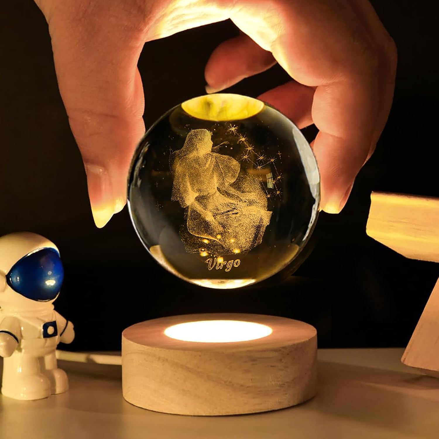 3D Laser Etched Virgo Crystal Ball with LED Light Stand, Constellation Decor Glass Sphere Lamp, Zodiac Astrology Birthday Gifts for Women Kids