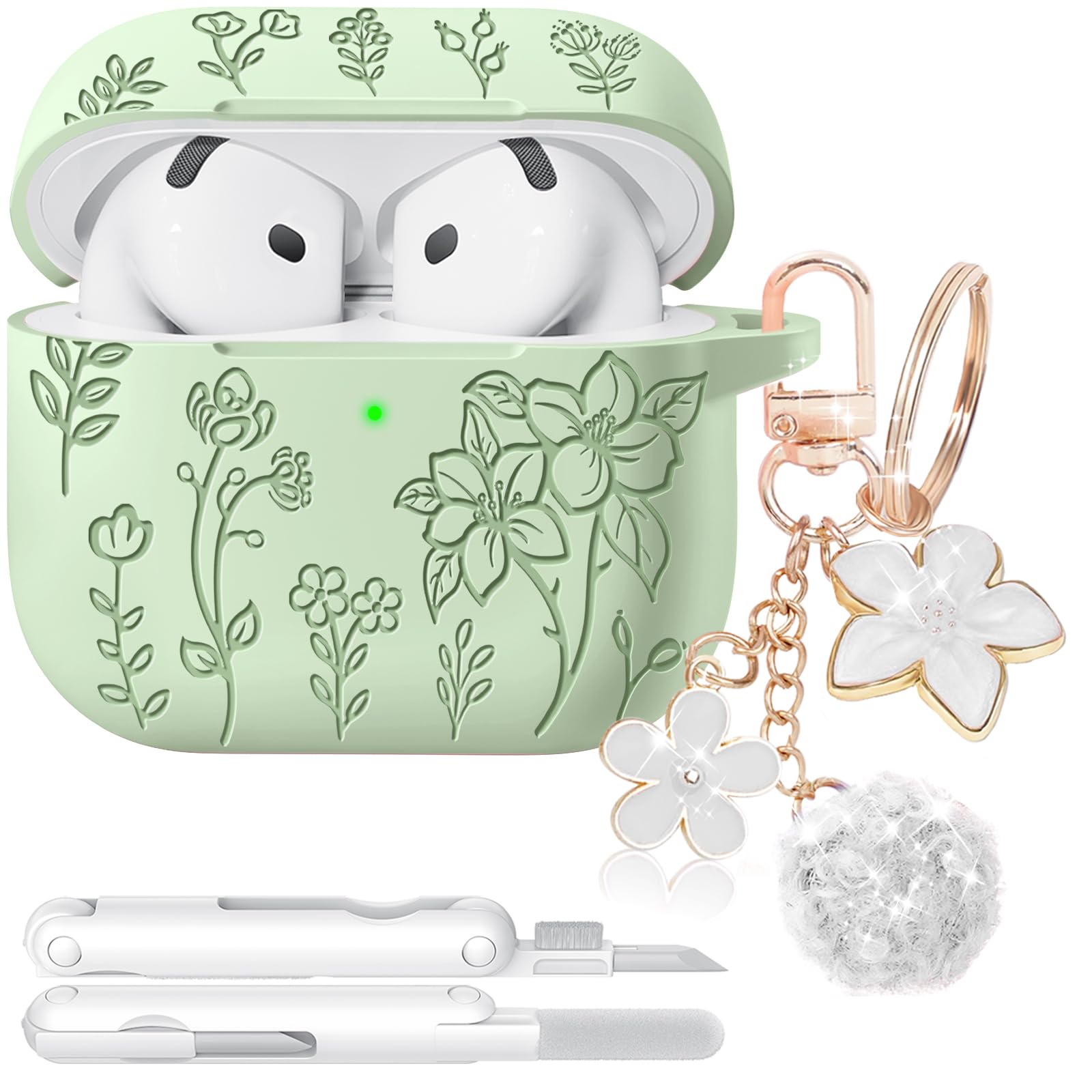 Ekoonpft for AirPods 4 Case, Soft Silicone Flower Engraved Airpod 4 Cases with Qute Keychain &amp; Cleaning Kit, Compatible with AirPods 4th Generation 2024 Cover for Women Girly, Anti-Scratch, Shockproof